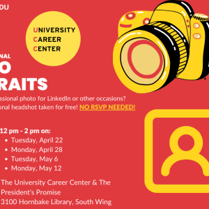 A camera is positioned in the center screen surrounded by text promotiing dates and times of the photbooth at the Fall Career Fair. 