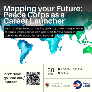 An image of the world map is dsplayed with the foreground text regarding an event about the Peace Corps.